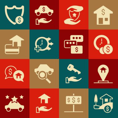 House with dollar, Location house, zaman para, kalkan, saat, kredi kartı, Shield ve Price müzakere ikonu. Vektör
