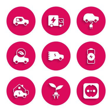 Elektrikli arabayı ayarla, fişi yaprağa kaydet, elektrik prizi, pil şarjı, şarj evi, eko ve simge. Vektör