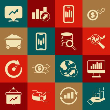 Finansal büyümeyi ayarla, grafik grafikli monitör, arama veri analizi, mobil, hisse senedi ticareti, kömür madeni tramvayı ve sunucu simgesi. Vektör