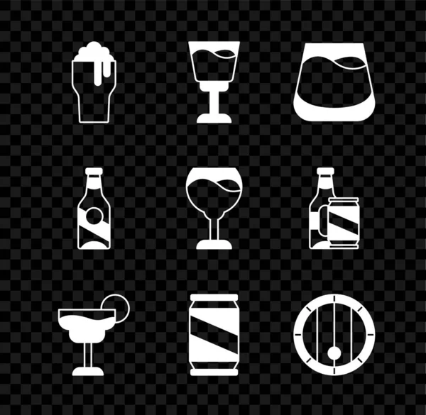 Set Verre de bière, Verre à vin, whisky, cocktail, boîte de bière, tonneau en bois, bouteille et icône. Vecteur — Image vectorielle