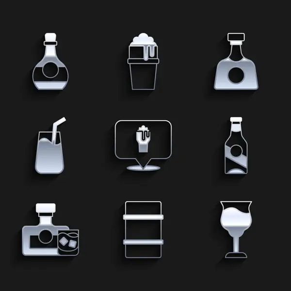 Set de bebidas alcohólicas o bar de cerveza ubicación, barril de metal, copa de vino, botella de cerveza, whisky y, cóctel, tequila y botella de brandy de coñac icono. Vector — Vector de stock