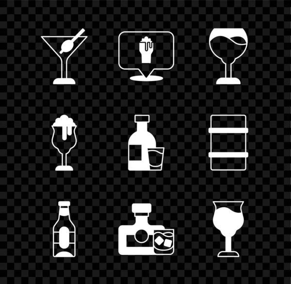 Set Martini glas, Alcohol of bier bar locatie, Wijn, Bierfles, Whiskey en, Glas van en fles wodka met pictogram. Vector — Stockvector