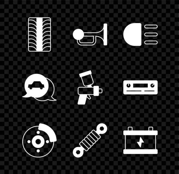 Set Autoreifen Rad, Signalhorn am Fahrzeug, Fernlicht, Bremsscheibe mit Bremssattel, Stoßdämpfer, Batterie, Service und Lackierpistole Symbol. Vektor — Stockvektor