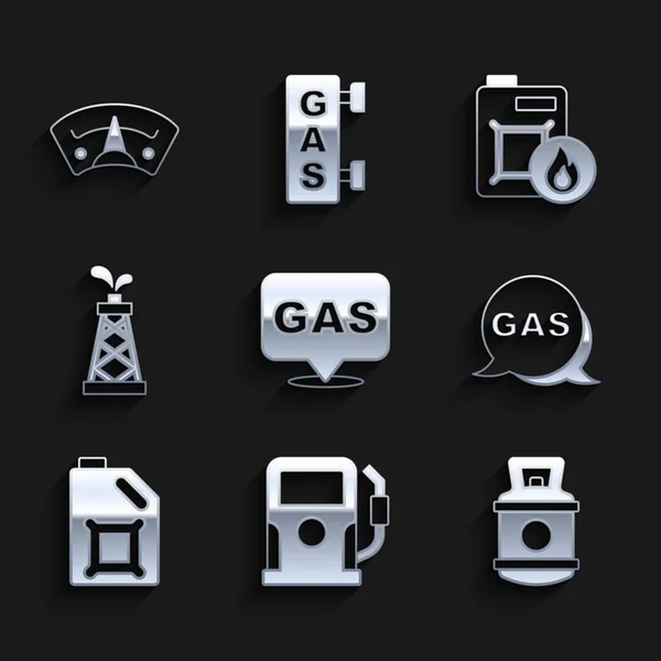 Stellen Sie Standort und Tankstelle, Benzin oder Propangasbehälter, Kanister für Motoröl, Ölplattform und Motoranzeigesymbol ein. Vektor — Stockvektor