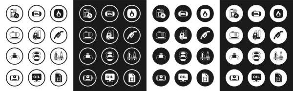 Vuur vlam, Gas tank voor voertuig, Olie-opslag, Canister motorolie, Benzinepomp mondstuk, platform van de zee en metalen buizen en klep pictogram. Vector — Stockvector