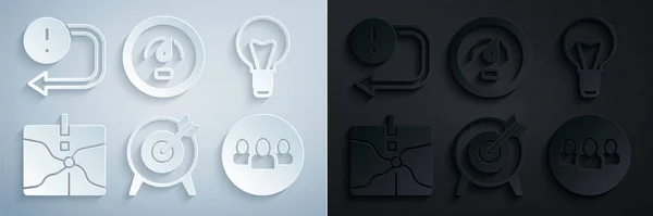 Set Target, Light bulb, Intersection point, Project team base, Digital speed meter, Arrow icon. Vector — 스톡 벡터