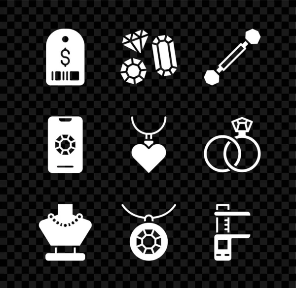 Set Price tag with dollar, Gem stone, Piercing, Necklace mannequin, Pendant necklace, Calliper or caliper and scale, Jewelry online shopping and heart shaped pendant icon. Vector — 스톡 벡터