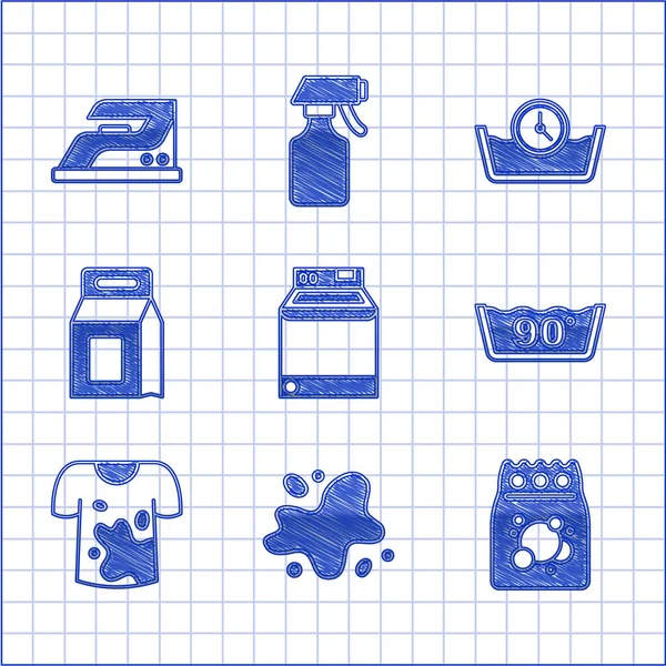 Set Washer, Water spill, Laundry judgent, Temperature wash, Dirty t-shirt, Time and Electric iron icon. Vector — 스톡 벡터