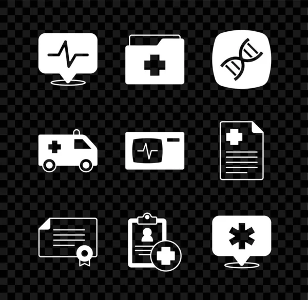 Set Heart rate, Patient record, DNA symbol, Certificate template, Location hospital, Ambulance car and Monitor with cardiogram icon. Vector — Stock Vector