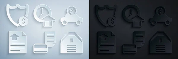Set Carta di credito, Autonoleggio, Contratto di casa, Garage, Il tempo è denaro e scudo con icona dollaro. Vettore — Vettoriale Stock