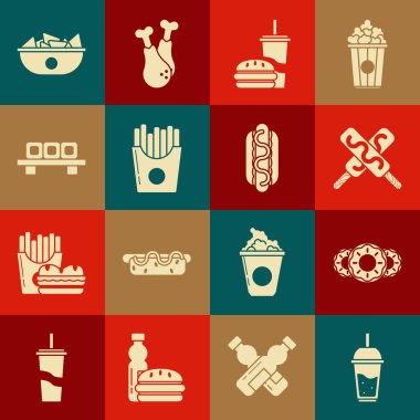 Bir bardak limonata, pipet, dondurma, karton bardak ve burger, patates kızartması karton kutu, suşi kesme tahtası, nachos tabağı ve Hotdog sandviçi ikonu. Vektör