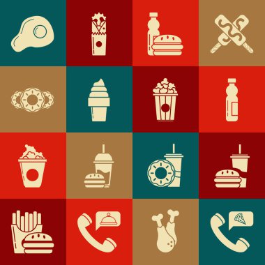 Yemek siparişi ver, kamış ve burgerli kağıt bardak, bir şişe su, dondurma külahı, tatlı çörek, omlet ve patlamış mısır karton kutu ikonu. Vektör