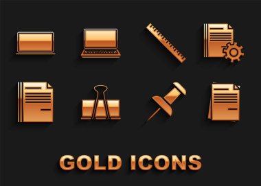 Binder klipsini, vitesli belge ayarlarını, Dosya belgesini, Push pin, cetvel, dizüstü bilgisayar ve simgesini ayarla. Vektör