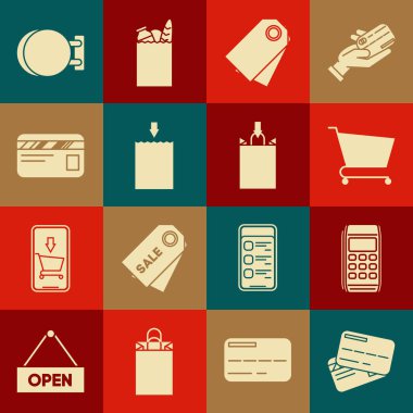 Kredi kartı, Pos terminali, alışveriş arabası, boş etiket şablon fiyat etiketi, kağıt alışveriş torbası, tabela asma ve simge. Vektör