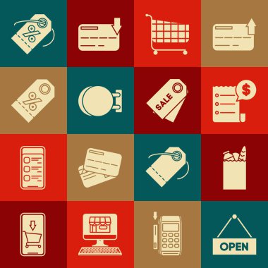 Açık kapı, kağıt alışveriş torbası ve yiyecek, çek çeki, alışveriş arabası, tabela asma, yüzde indirim etiketi ve Price yazma ikonu. Vektör