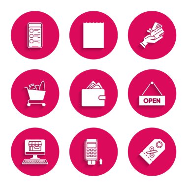 Yığınla kağıt para, asma işareti açık kapı, Alış veriş ekranı bilgisayarı, el arabası ve yemek, insan el ele tutuşması ve çevrimiçi alışveriş cep telefonu ikonu. Vektör