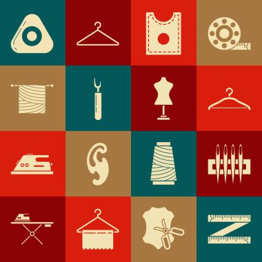 Mezura, dikiş iğnesi, elbise askısı, dikiş deseni, kesme aleti, örgü, tebeşir ve manken ikonu. Vektör