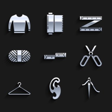 Teyp ölçüsü, Fransız kıvrımları, iplikle dikiş iğnesi, makas, elbise dolabı, makara dikiş ve süveter ikonu. Vektör