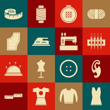 Kadın elbisesi, Fransız kıvrımları, dikiş iğnesi, yuvarlak işlemeli halka, elektrikli ütü, dikiş kalıbı, mezura ve makine simgesi. Vektör