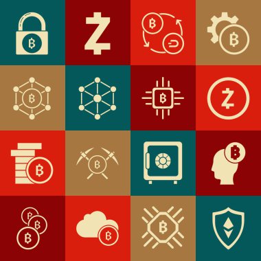 Shield Ethereum ETH, Bitcoin think, Cryptocurrency Zcash ZEC, exchange, Blockchain technology, Lock with bitcoin and CPU mining farm icon. Vektör