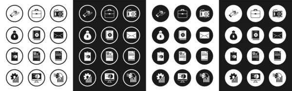 Set Safe und Geld, Bedienungsanleitung, Geldbeutel, Hand, Umschlag, Aktentasche, Dokument und Zwischenablage mit Diagrammdiagramm-Symbol. Vektor — Stockvektor