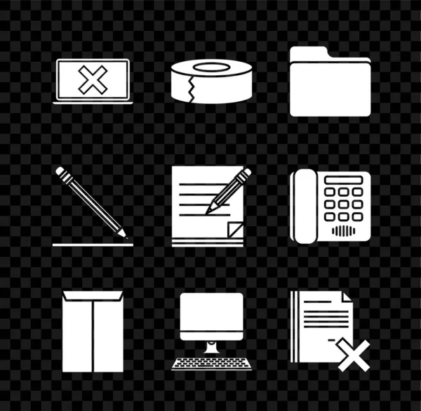 노트북 과 크로스 마크를 스크린 , Scotch, Document folder, Envelope, 컴퓨터 모니터와 키보드 , Delete file document, Pencieleraser line, Blank 노트북 연필 아이콘으로 설정 한다. Vector — 스톡 벡터