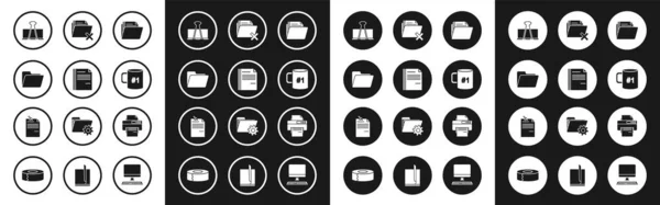 Set Document map, Bestand document, Binder clip, Koffie kopje plat, Verwijderen, Printer en Notitie papier met pinned drukknop pictogram. Vector — Stockvector