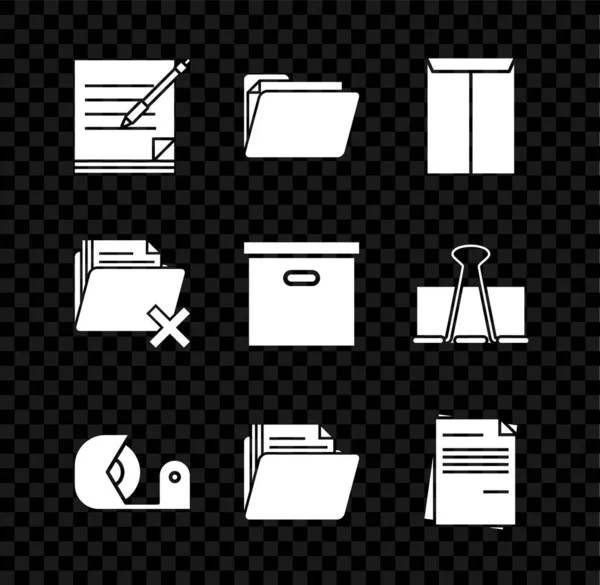 Set Blanco notitieboek en pen, Document map, Envelop, Scotch, Bestand document, Verwijderen en Kartonnen doos pictogram. Vector — Stockvector