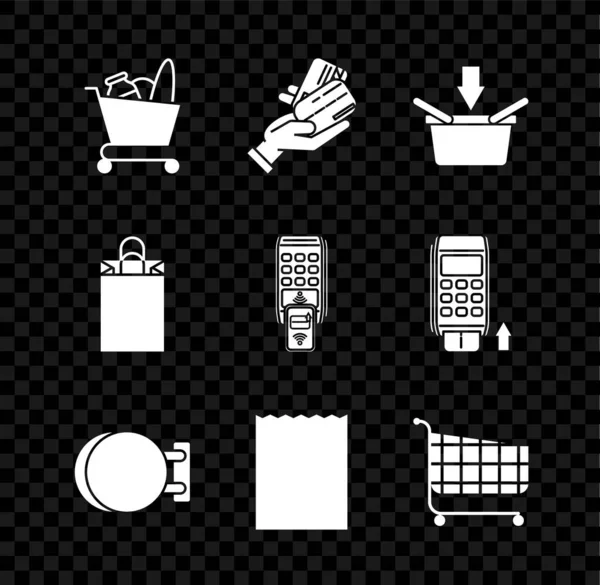 Набор корзины и продовольствия, рука человека с кредитной картой, корзина, висит вывеска, бумажная сумка покупок, и POS-терминал печатного рецепта подтверждает оплату по значку смартфона. Вектор — стоковый вектор