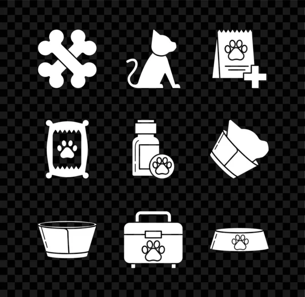 Set Crossed bones, Cat, Bag of food for dog, Protective cone collar, Pet first aid kit, bowl cat, and Dog medicine bottle icon. Vektor — Stockový vektor