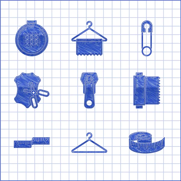 ジッパー、ハンガーワードローブ、テープ測定、繊維生地ロール、はさみや革を設定し、古典的な閉じたスチール安全ピンとラウンド調節可能な刺繍フープアイコン。ベクトル — ストックベクタ