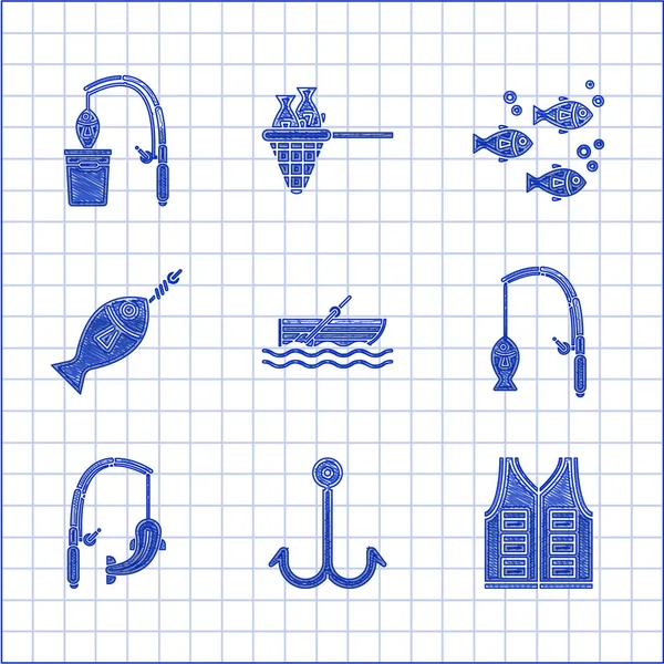 Set Fischerboot mit Rudern auf dem Wasser, Haken, Jacke, Rute und Fisch und Symbol. Vektor — Stockvektor