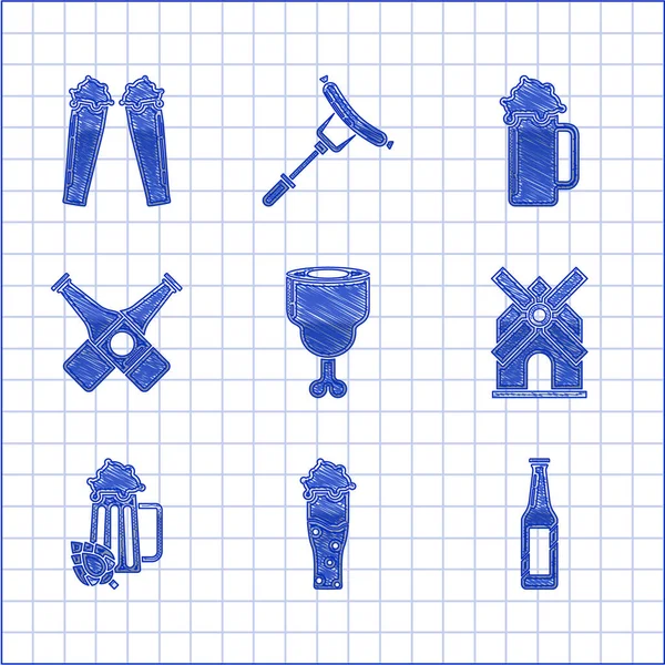 Set Chicken leg, Glass of beer, Beer bottle, Windmill, and hop, Crossed, and icon. Vector — Stock Vector