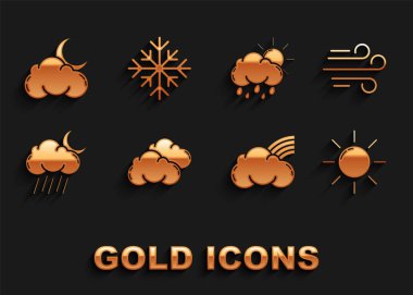 Bulut, Rüzgar, Güneş, Gökkuşağı, bulutlar, yağmur ve ay, güneş, yıldızlar ve kar tanesi ikonu. Vektör