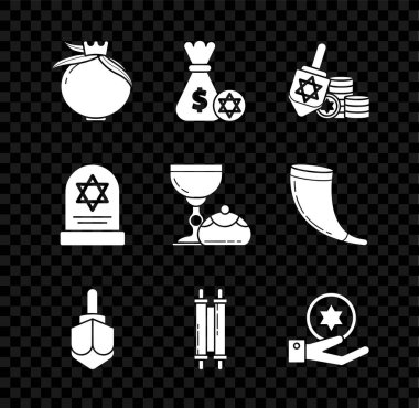 Nar, para çantası, David ve sikke yıldızı, Hanukkah dreidel, Tevrat tomarı, el, Tombstone ve kadeh Hanuka sufganiyot ikonu. Vektör