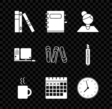 Ofis dosyalarını kağıtlar ve belgeler, Not Defteri, Öğretmen, Kahve fincanı, Takvim, Saat, Bilgisayar monitörü klavye faresi ve ataç simgesi ile ayarla. Vektör