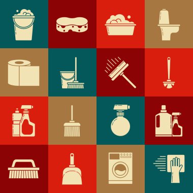 Temizlik seti, sıvı bulaşık deterjanı için plastik şişeler, tuvalet fırçası, sabun köpüklü leğen, paspas ve kova, kağıt rulo, kova köpük köpük ve kazıyıcı, kazıyıcı, silecek ikonu. Vektör