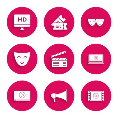 Set Movie clapper, Megaphone, Play Video, Online playplay video, Comedy Theatrical maske, trajedi maskeleri ve HD teknoloji ikonlu Bilgisayar PC monitörü. Vektör