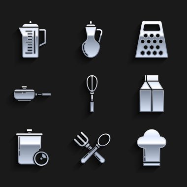 Mutfak çırpıcı, çapraz çatal ve kaşık, aşçı şapkası, kağıt paketi sütü, mutfak zamanlayıcısı, kızartma tavası, rende ve çaydanlık ikonu. Vektör