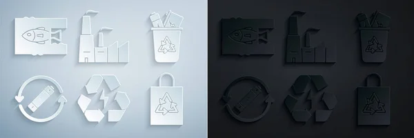 Set Batteria con simbolo di riciclaggio, Cestino, linea, sacchetto di plastica, Fabbrica e Stop oceano icona dell'inquinamento di plastica. Vettore — Vettoriale Stock