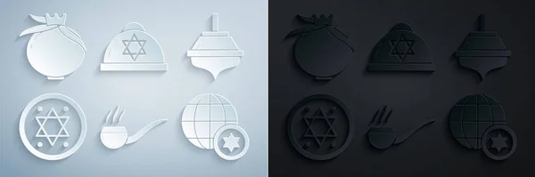 Definir cachimbo de fumar com fumaça, Hanukkah dreidel, moeda judaica, Globo Mundial e Israel, estrela kippah de David e ícone de romã. Vetor — Vetor de Stock