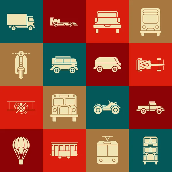 Definir ônibus de dois andares, caminhão de coleta, carro de corrida de Fórmula, minivan retro, Scooter, veículo de carga de entrega e ícone. Vetor — Vetor de Stock
