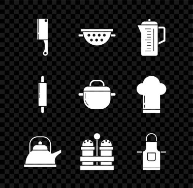 Meat Chopper, Kitchen süzgeci, Teapot, kulplu Kettle, Tuz biberi, önlük, merdane ve Pişirme ikonu. Vektör