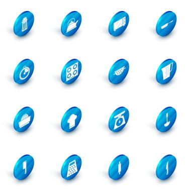 Kettle 'ı kulplu ayarla, mikrodalga fırın, kızartma tavası, mutfak zamanlayıcısı, meyve sıkacağı, gaz sobası, ölçü kabı ve süzgeç ikonu. Vektör