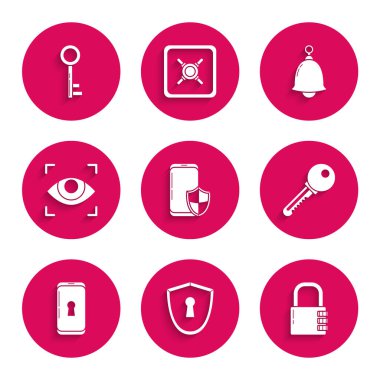 Smartphone 'u güvenlik kalkanı, Shield anahtar deliği, güvenli kilit, anahtar, göz taraması, zil ve simge ile ayarla. Vektör