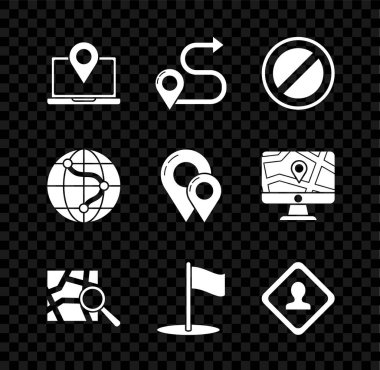 Dizüstü bilgisayarı konum belirleyici, rota, dur işareti, katlanmış harita, bayrak, yol trafiği, dünyanın konumu ve harita simgesi ile ayarla. Vektör