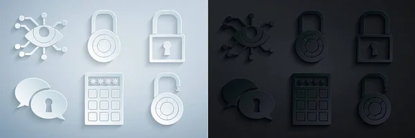 Встановити захист паролів і доступ до безпеки, Лок, захист персональних даних, комбінаційне колесо блокування безпеки і ікона сканування очей. Вектор — стоковий вектор
