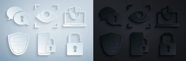 Set Smartphone avec cadenas fermé, bouclier protégé pour ordinateur portable, mur de briques de cybersécurité Shield, Open, Eye scan et protection des données personnelles icône. Vecteur — Image vectorielle