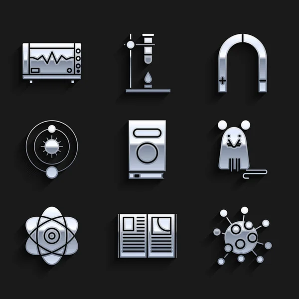 Set Book, Open book, Bacteria, Rat, Atom, Solar System, Magnet, Computer monitor with heart gram icon. Vector — 스톡 벡터