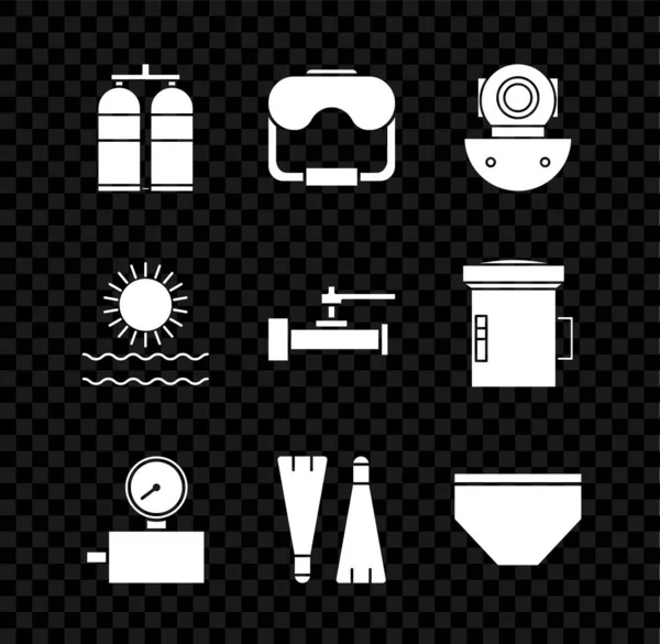 Set Aqualung, Diving mask, Gauge scale, Rubber flippers for swim, Swimming trunks, Sun, waves and Industry metallic pipes valicon. Vector — 스톡 벡터